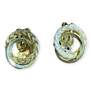 Vintage Two Tone Gold Silver Textured Interlocked Double Hoop Clip On Earrings